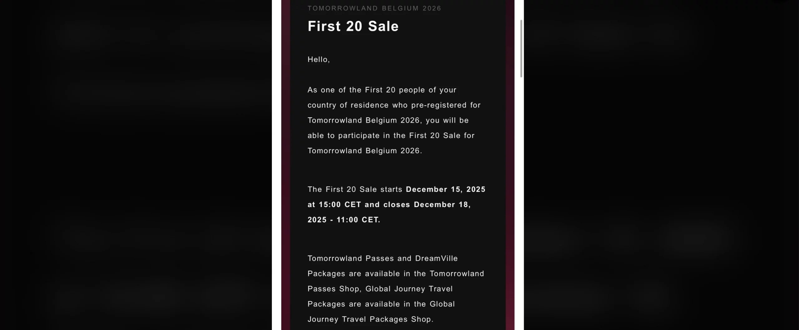 captura de correo de elegidos top 20 tomorrowland