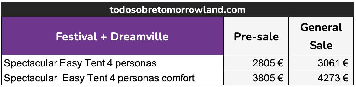 tabla de precios spectacular easy tent 4 personas tomorrowland 2026